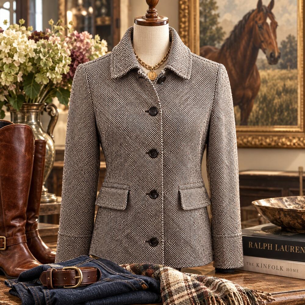 Banana Republic Brown Cream Wool Tweed Jacket M Heritage Equestrian Blazer